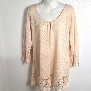 Umgee Longsleeve Peach Color Lace Boho Tunic, Size Medium